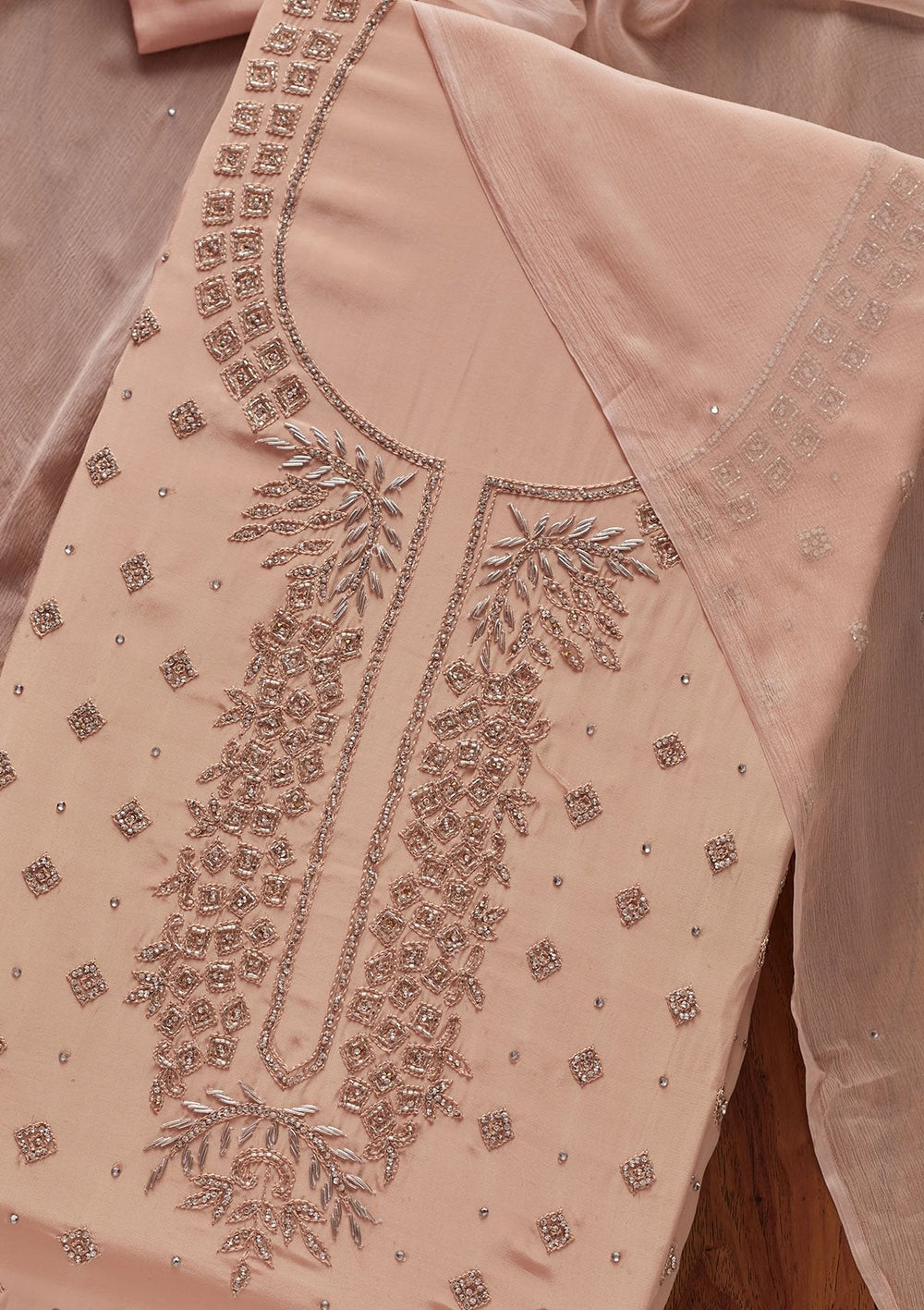 Peach Cutdana Semi Crepe Designer Unstitched Salwar Suit - koskii