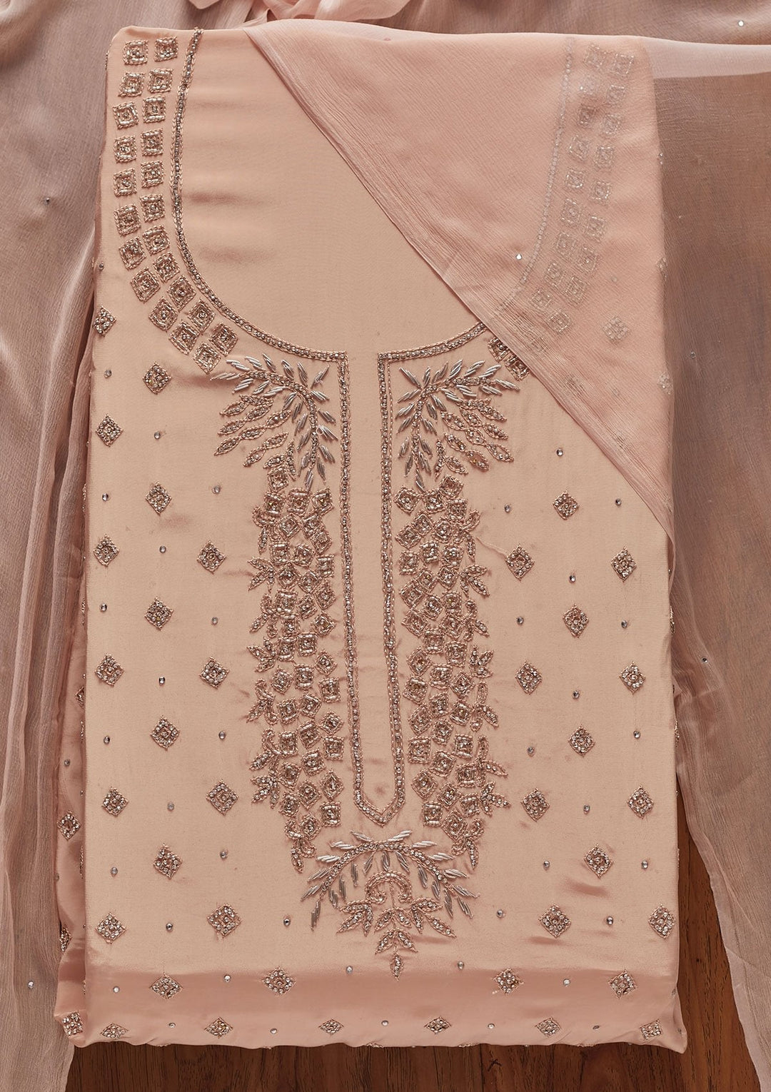 Peach Cutdana Semi Crepe Designer Unstitched Salwar Suit - koskii