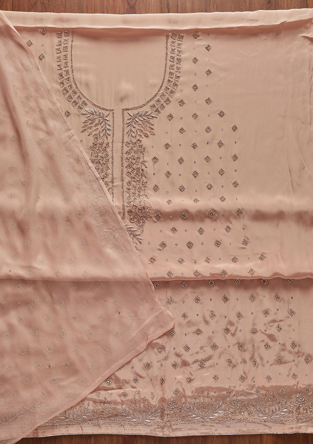 Peach Cutdana Semi Crepe Designer Unstitched Salwar Suit - koskii