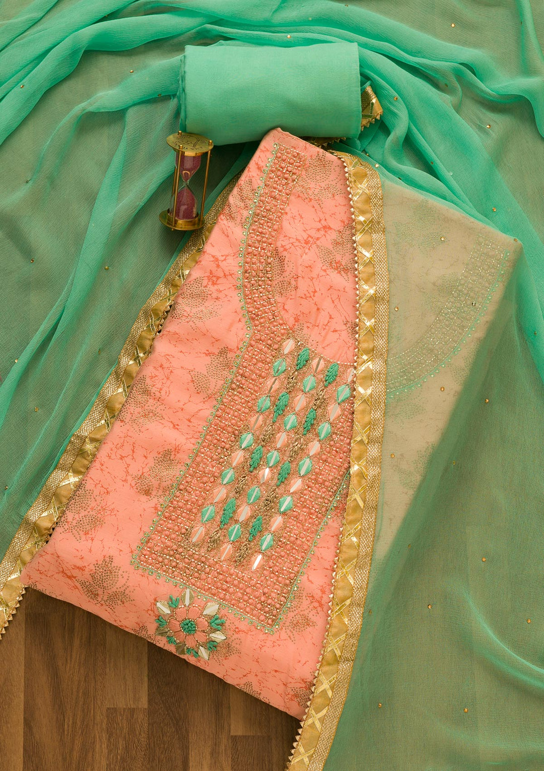 Peach Cutdana Semi Crepe Unstitched Salwar Kameez-Koskii