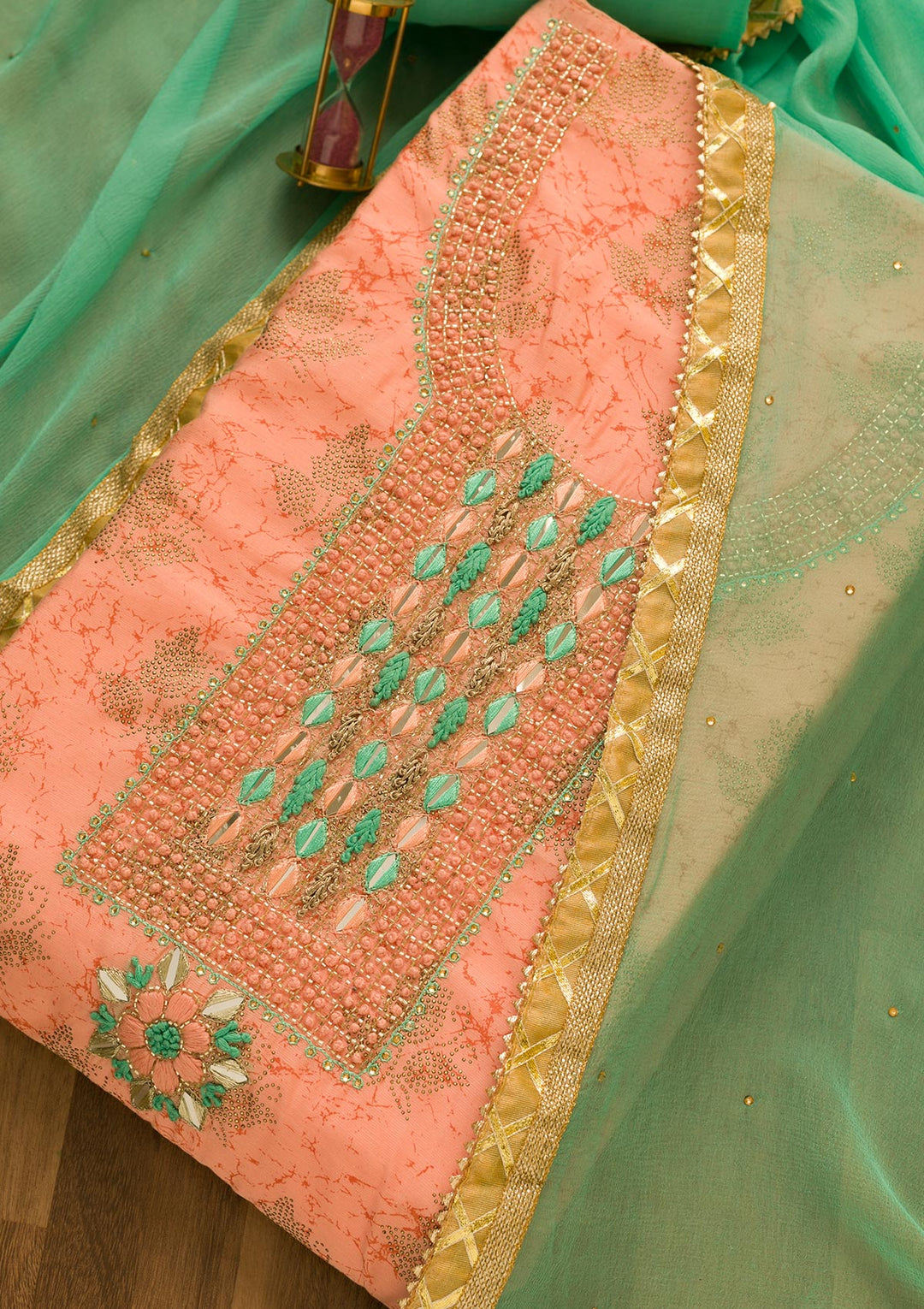 Peach Cutdana Semi Crepe Unstitched Salwar Kameez-Koskii