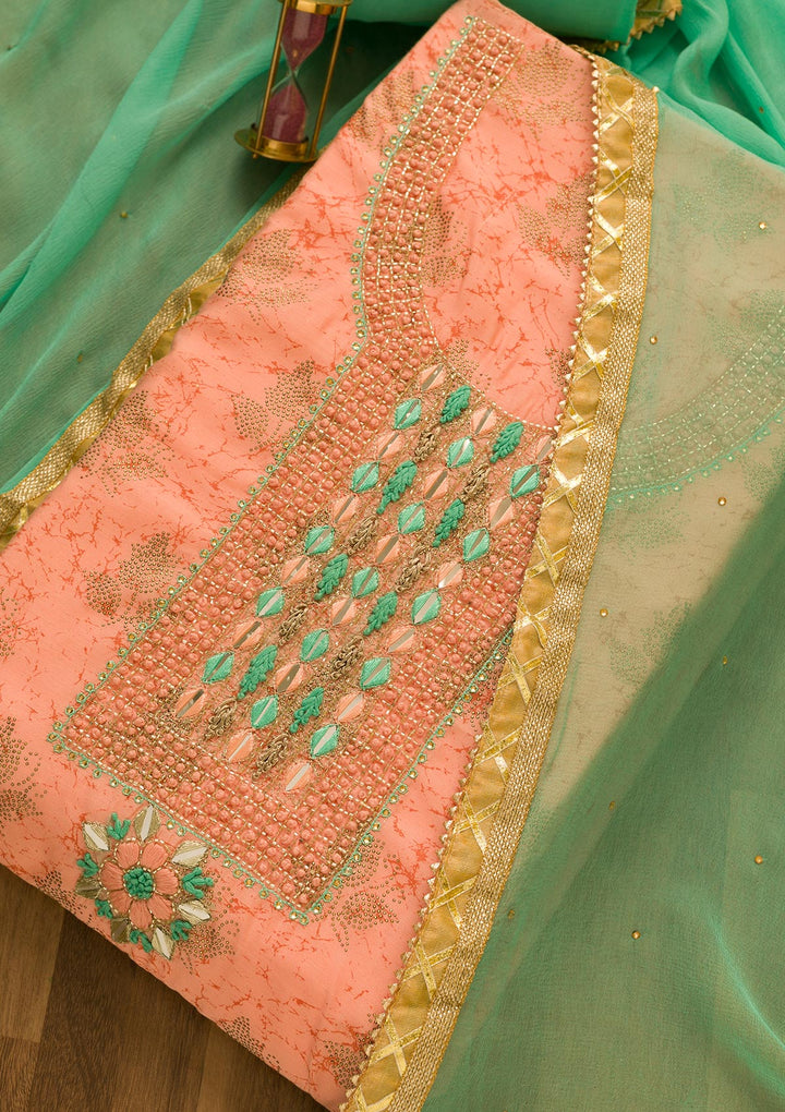 Peach Cutdana Semi Crepe Unstitched Salwar Kameez-Koskii