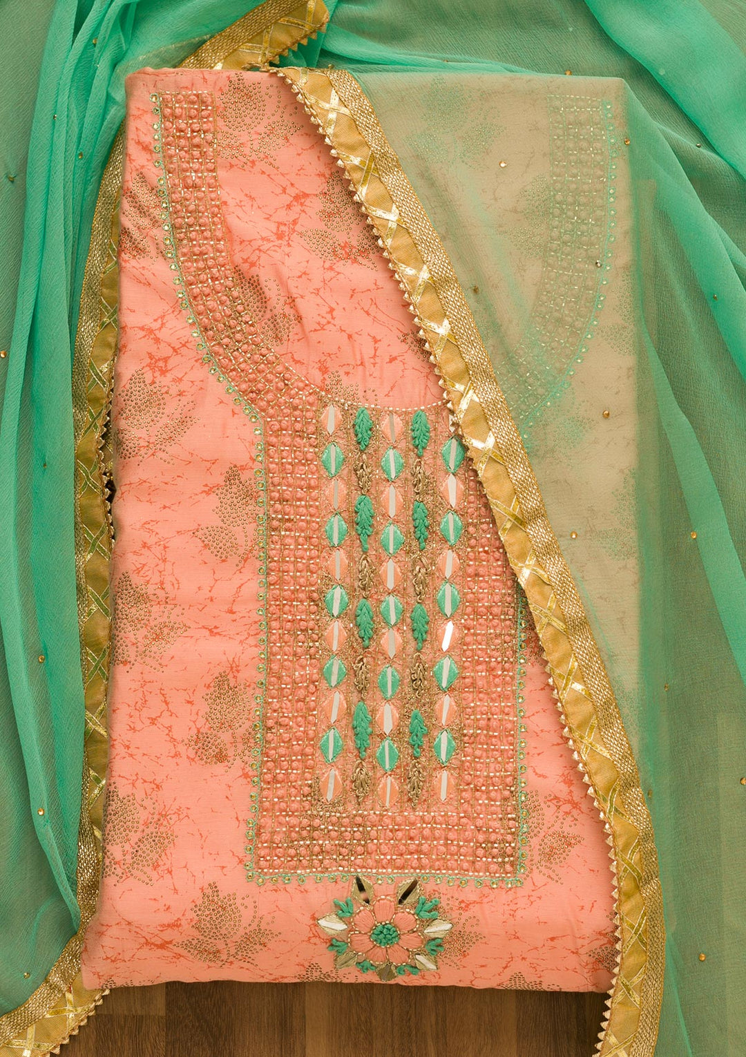 Peach Cutdana Semi Crepe Unstitched Salwar Kameez-Koskii
