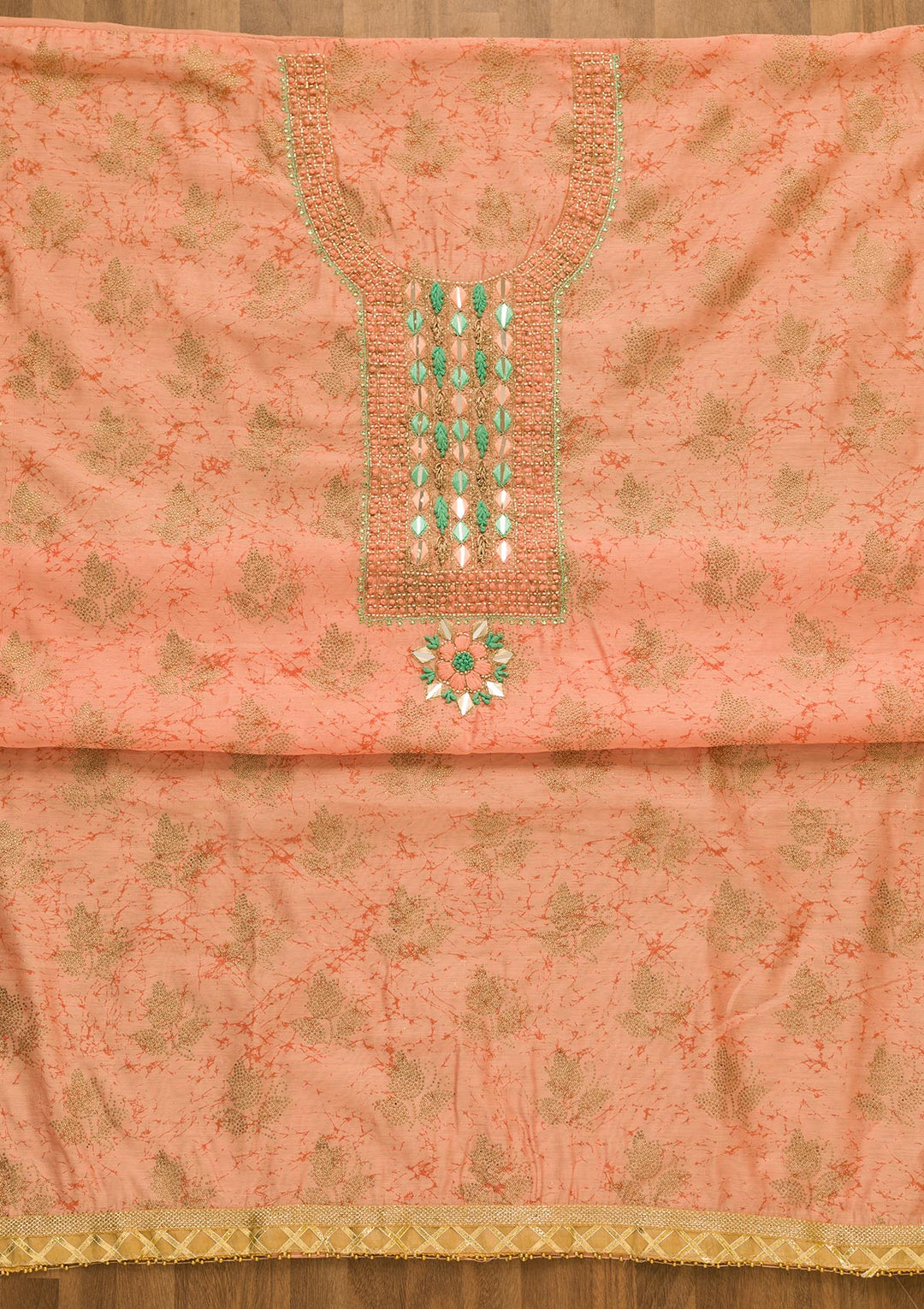 Peach Cutdana Semi Crepe Unstitched Salwar Kameez-Koskii