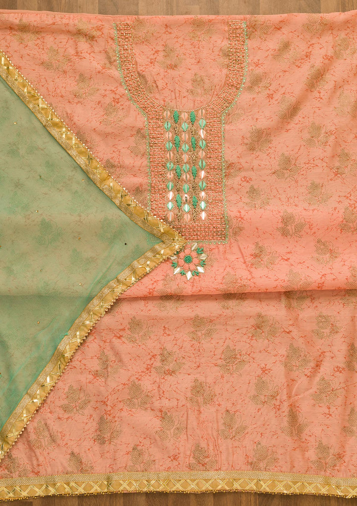 Peach Cutdana Semi Crepe Unstitched Salwar Kameez-Koskii