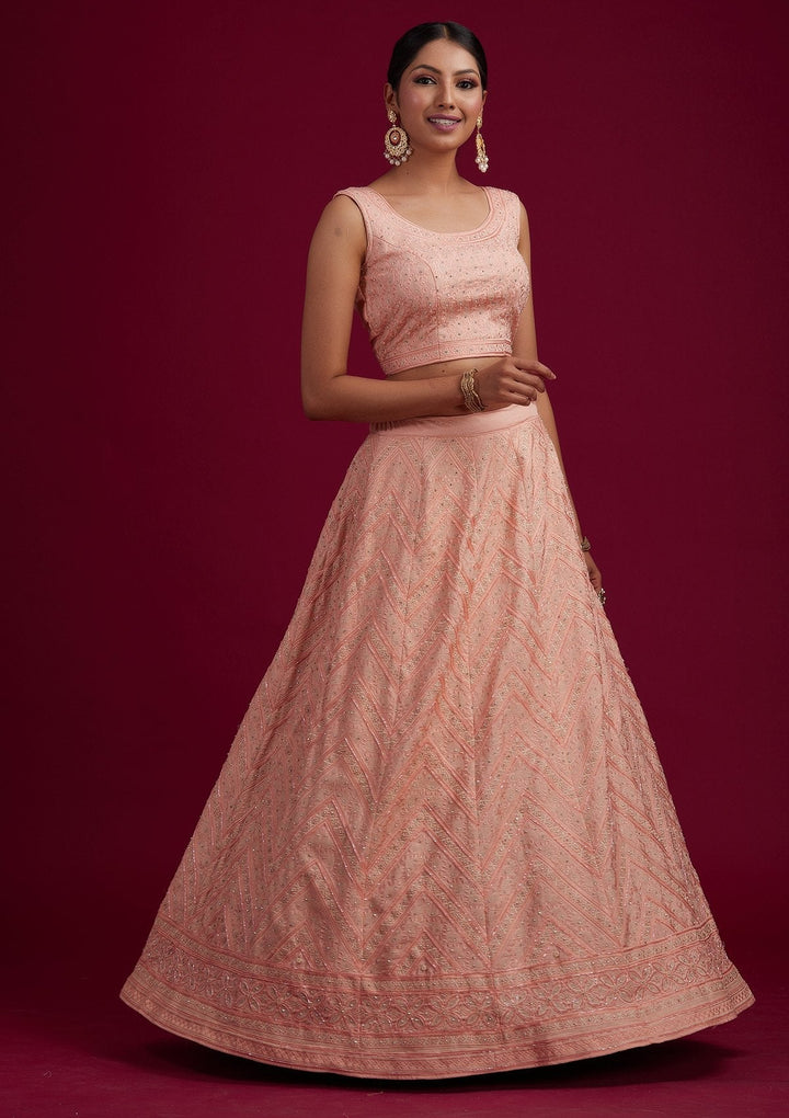 Peach Cutdana Shimmer Designer Semi-Stitched Lehenga - koskii