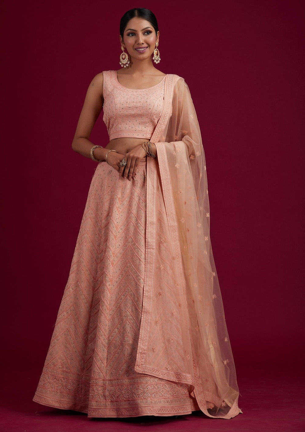 Peach Cutdana Shimmer Designer Semi-Stitched Lehenga - koskii