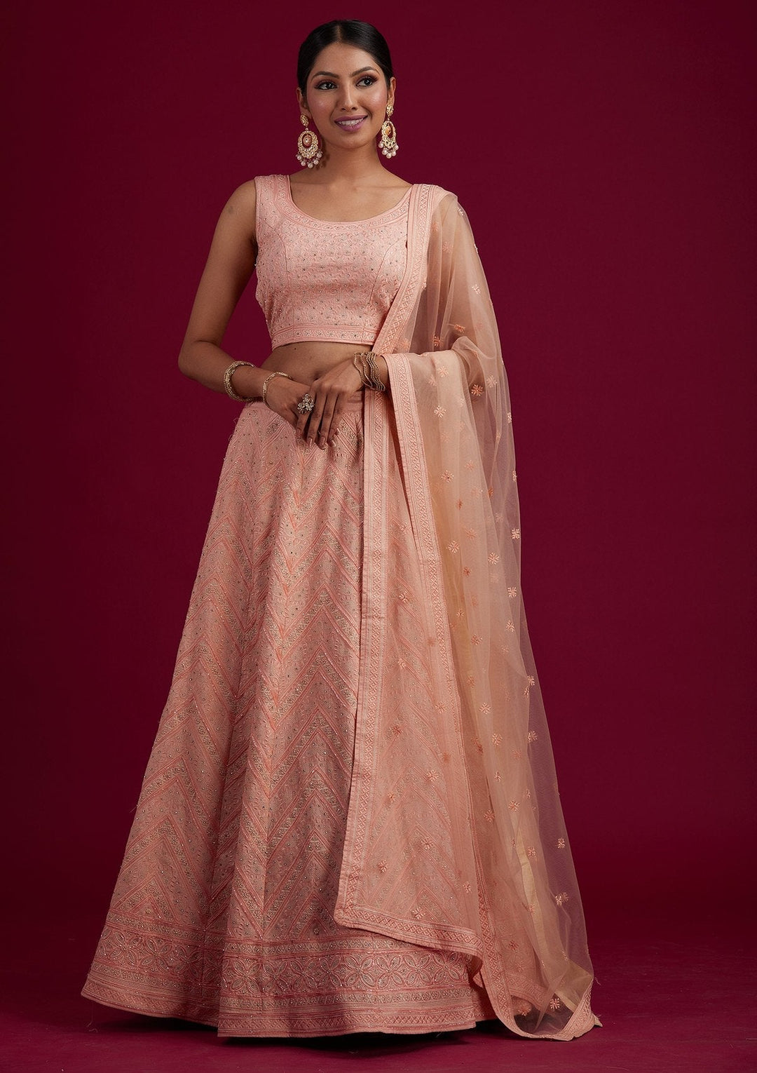 Peach Cutdana Shimmer Designer Semi-Stitched Lehenga - koskii