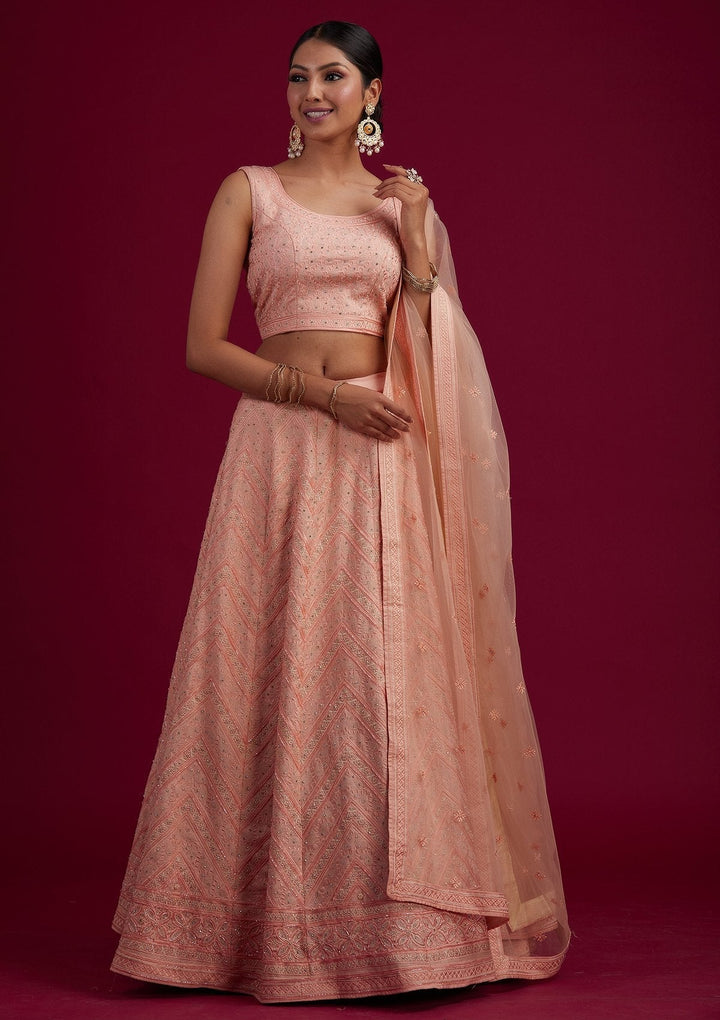Peach Cutdana Shimmer Designer Semi-Stitched Lehenga - koskii