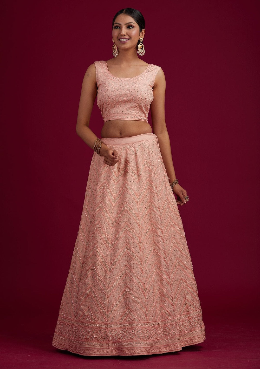 Peach Cutdana Shimmer Designer Semi-Stitched Lehenga - koskii