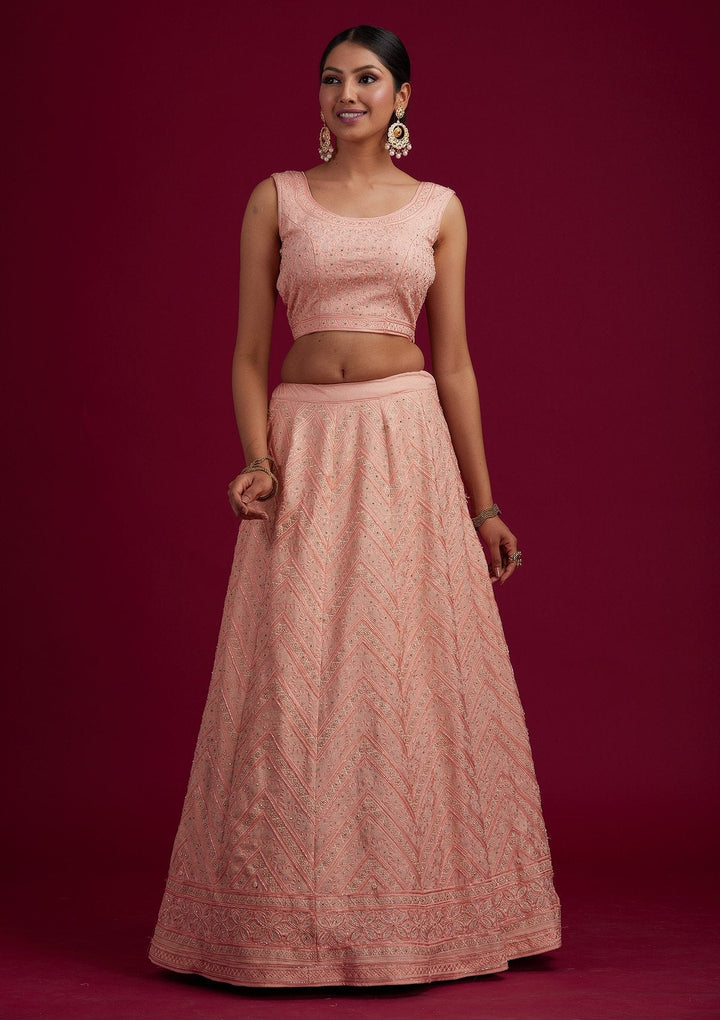 Peach Cutdana Shimmer Designer Semi-Stitched Lehenga - koskii