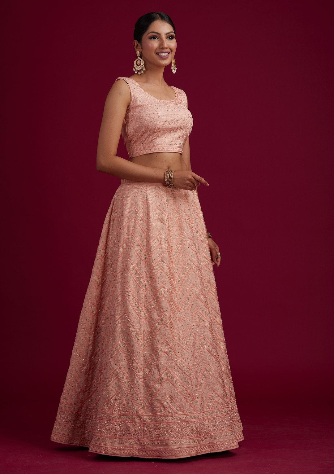 Peach Cutdana Shimmer Designer Semi-Stitched Lehenga - koskii