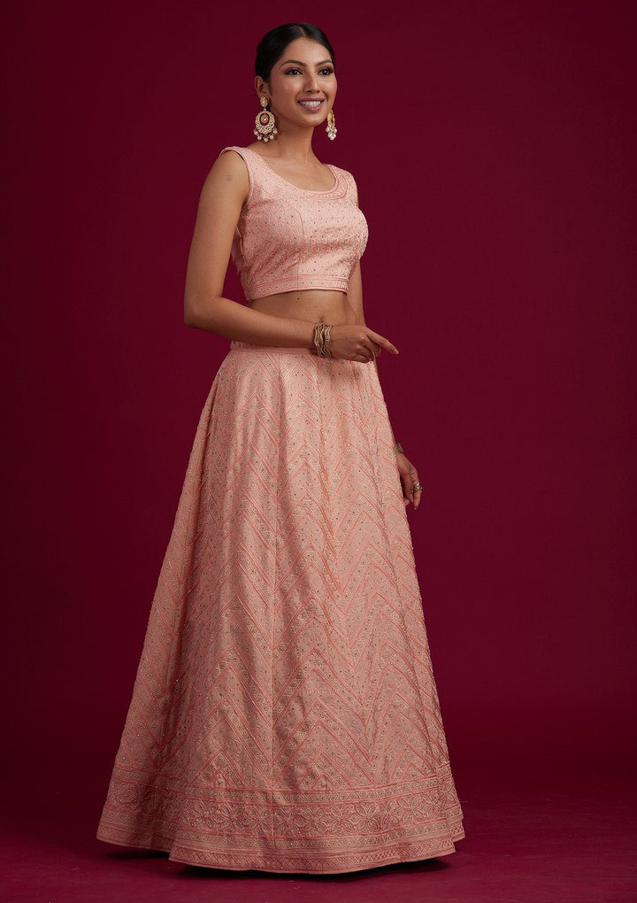 Peach Cutdana Shimmer Designer Semi-Stitched Lehenga - koskii