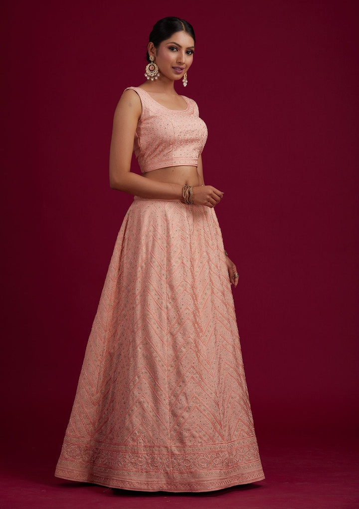 Peach Cutdana Shimmer Designer Semi-Stitched Lehenga - koskii