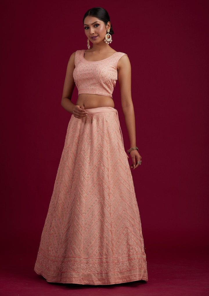 Peach Cutdana Shimmer Designer Semi-Stitched Lehenga - koskii