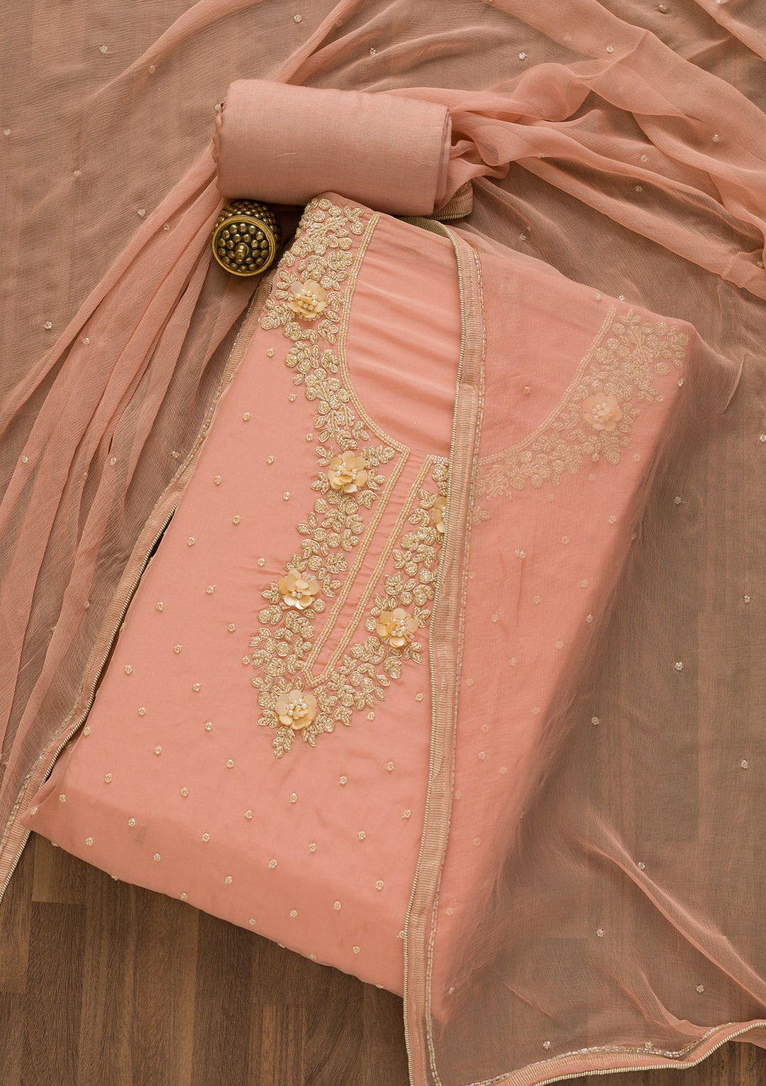 Peach Cutdana Tissue Unstitched Salwar Kameez-Koskii