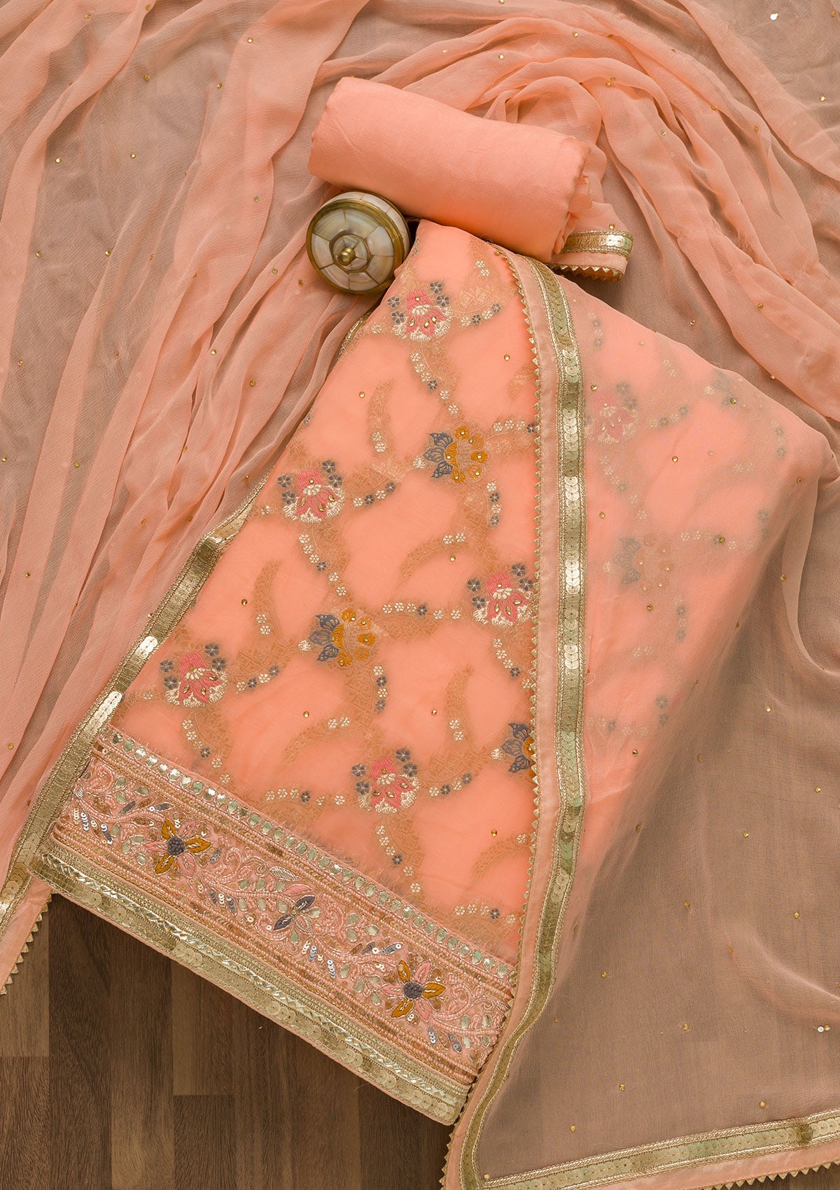 Peach Gotapatti Chanderi Unstitched Salwar Suit-Koskii