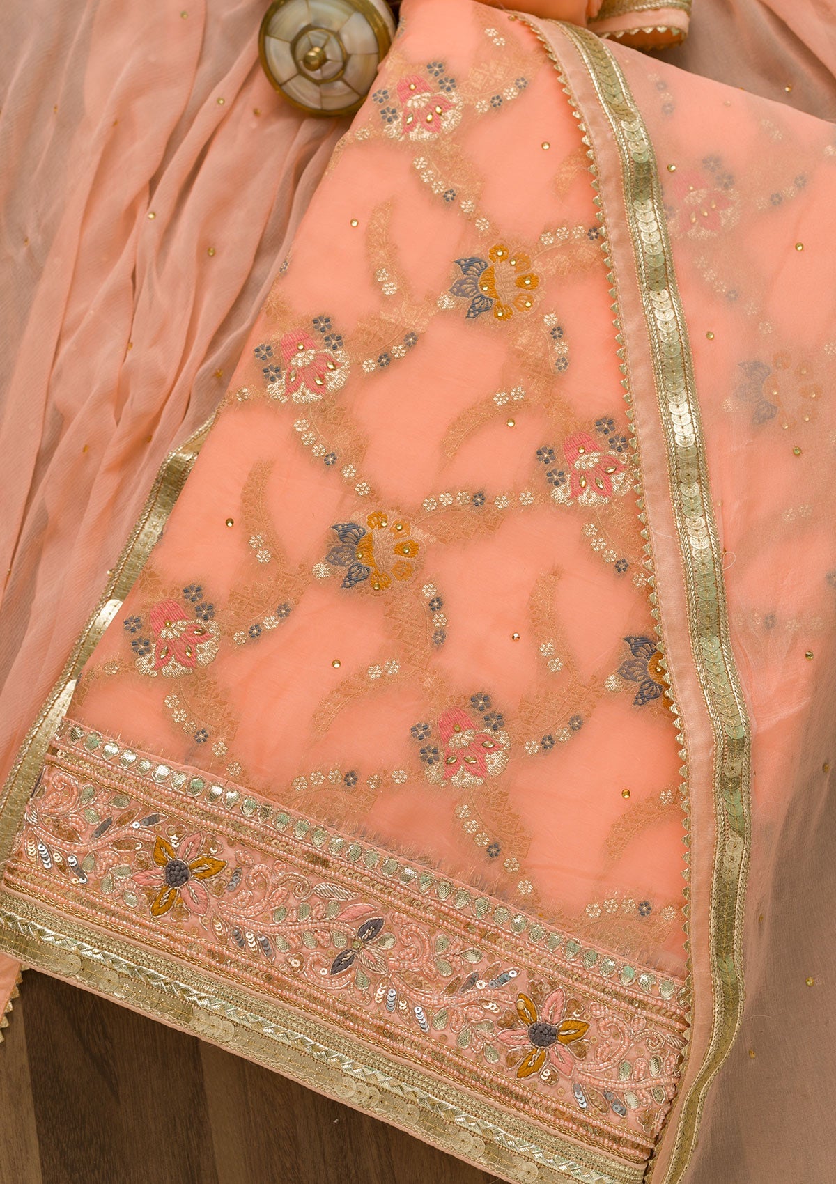 Peach Gotapatti Chanderi Unstitched Salwar Suit-Koskii