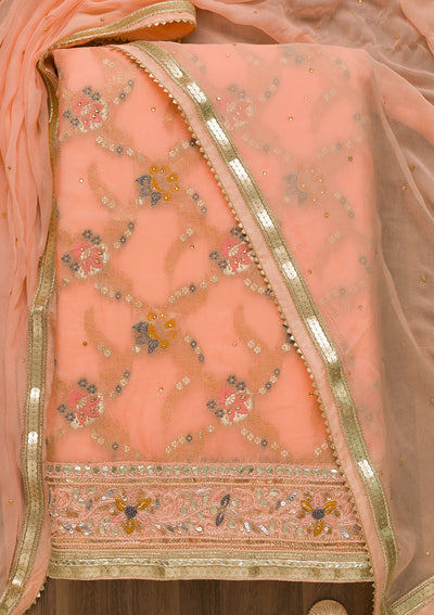 Peach Gotapatti Chanderi Unstitched Salwar Suit-Koskii