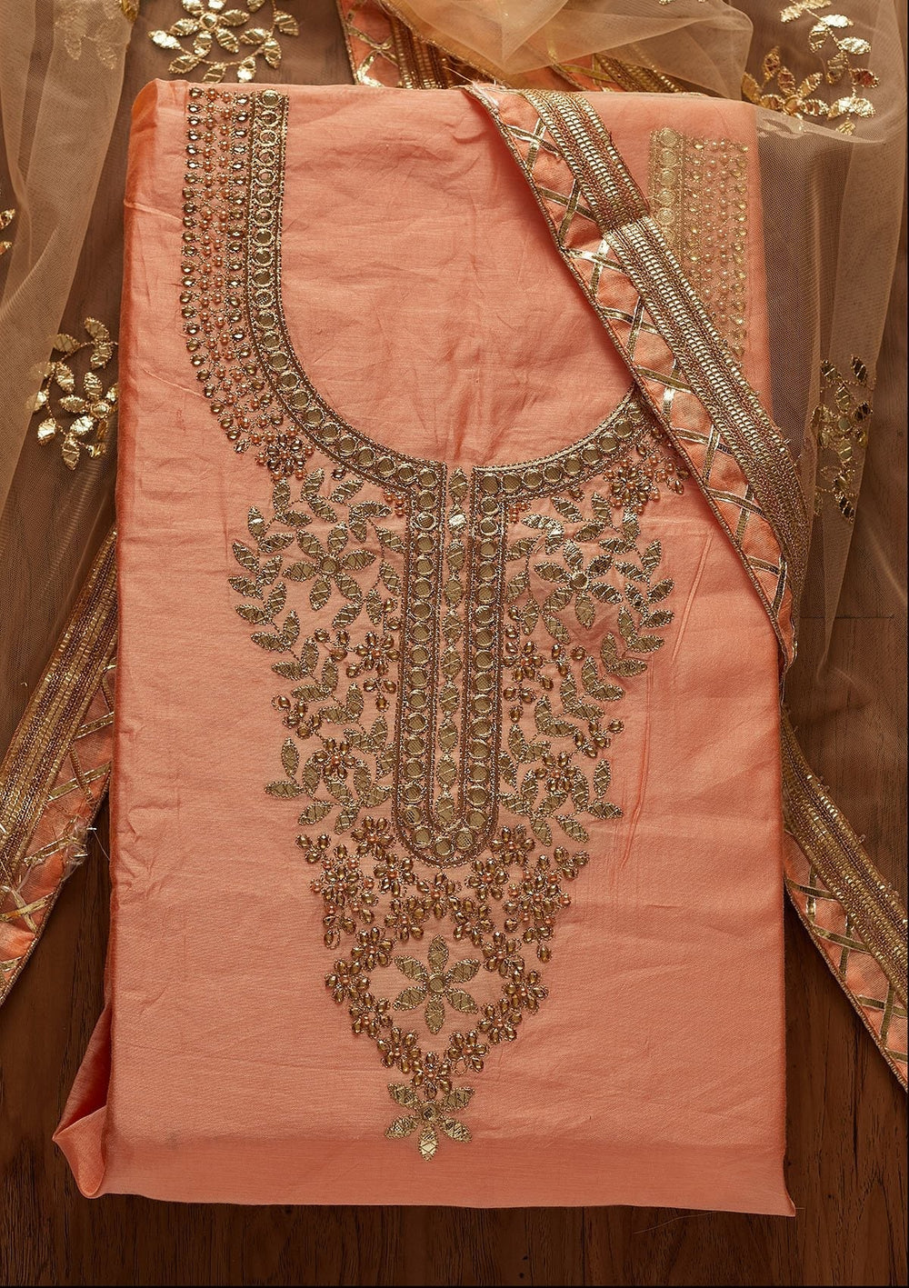 Peach Gotapatti Chanderi Designer Unstitched Salwar Suit - koskii