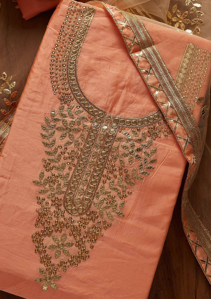 Peach Gotapatti Chanderi Designer Unstitched Salwar Suit - koskii