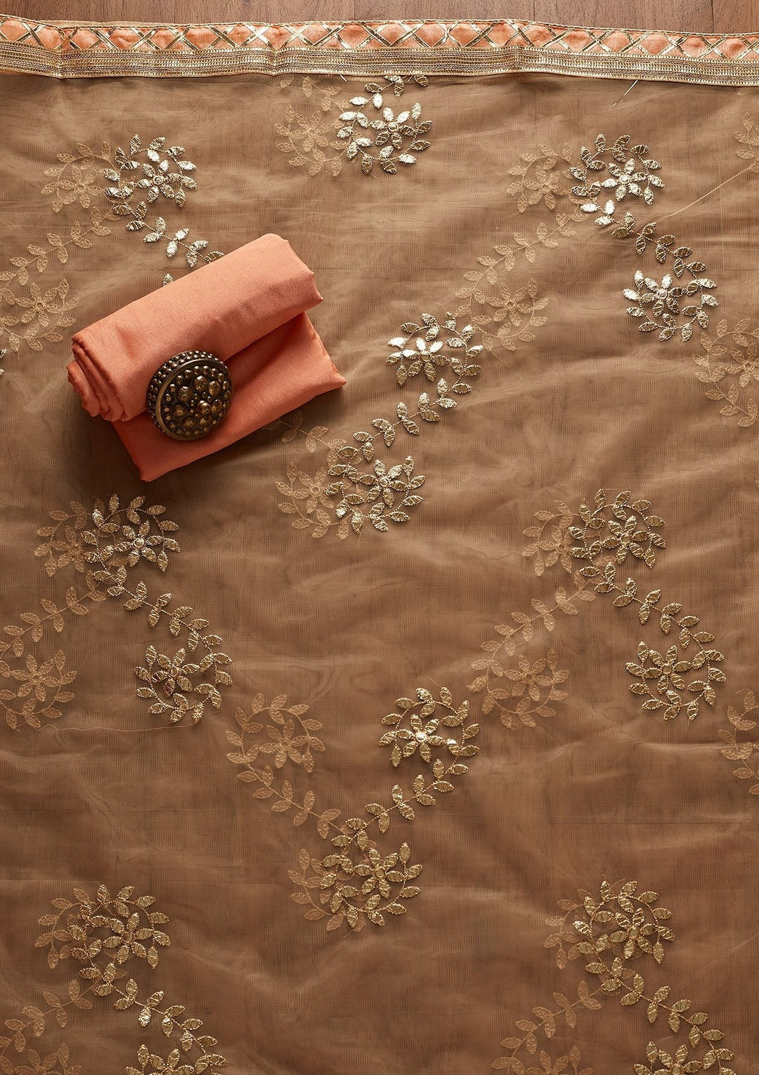 Peach Gotapatti Chanderi Designer Unstitched Salwar Suit - koskii