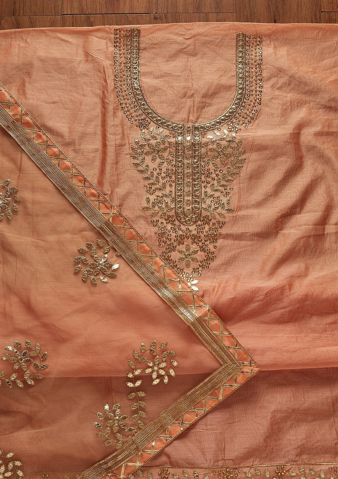 Peach Gotapatti Chanderi Designer Unstitched Salwar Suit - koskii