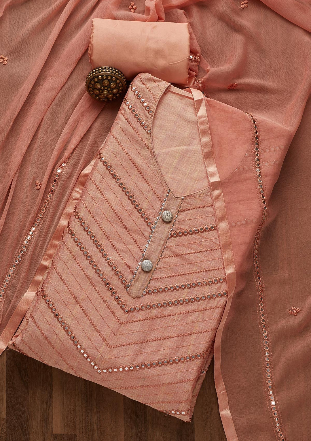 Peach Gotapatti Chanderi Unstitched Salwar Suit-Koskii