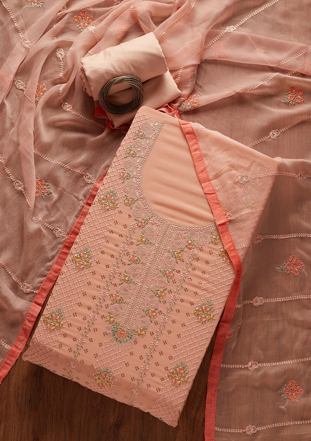 Peach Gotapatti Georgette Designer Unstitched Salwar Suit - koskii