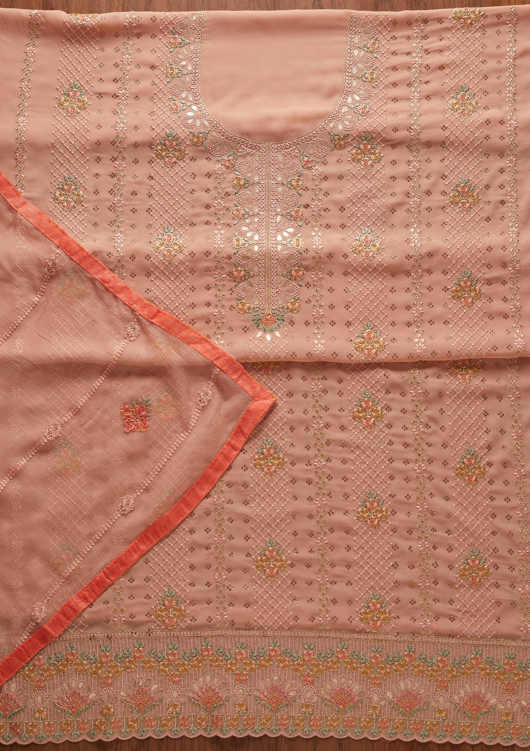 Peach Gotapatti Georgette Designer Unstitched Salwar Suit - koskii