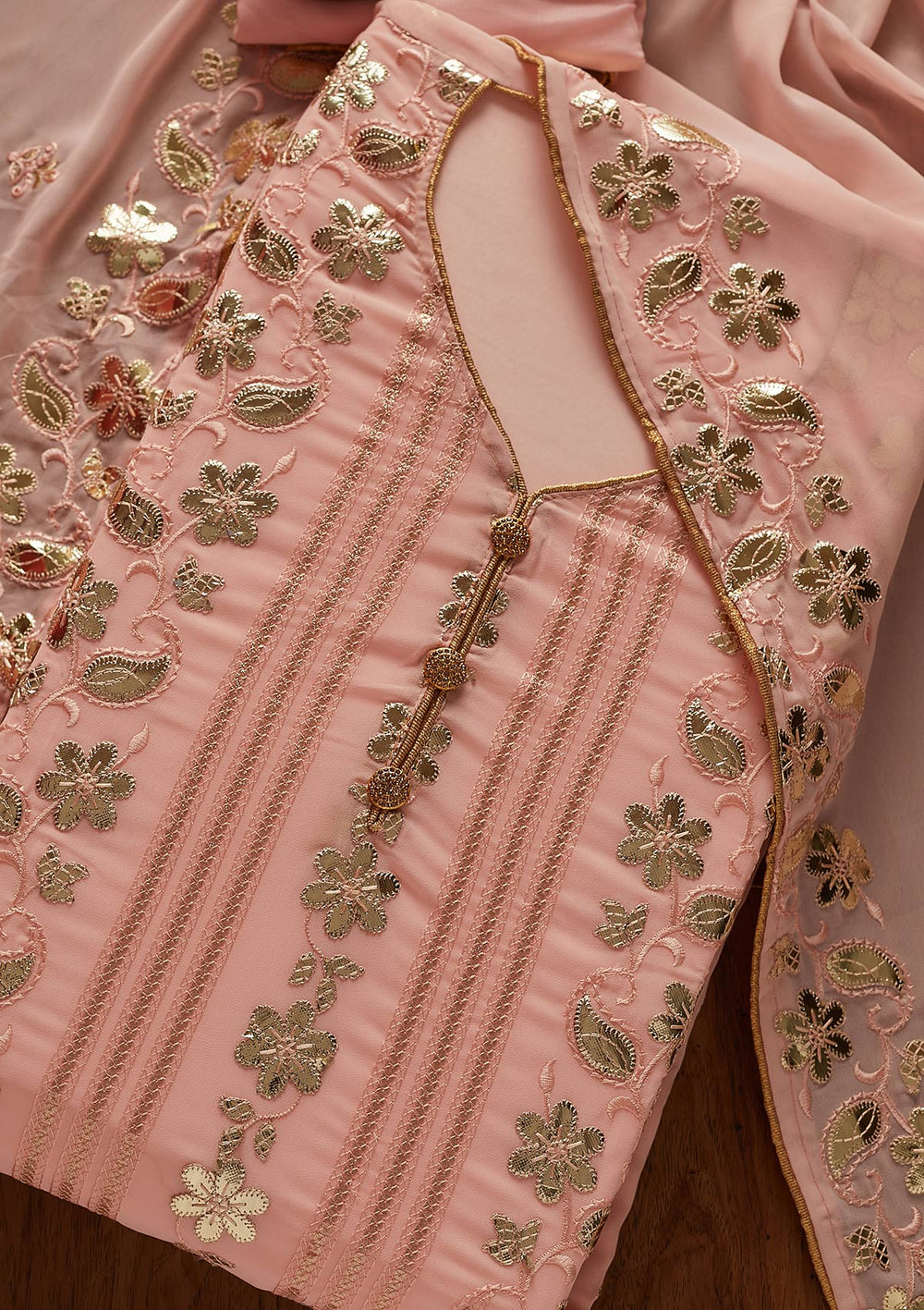 Peach Gotapatti Georgette Designer Unstitched Salwar Suit - koskii