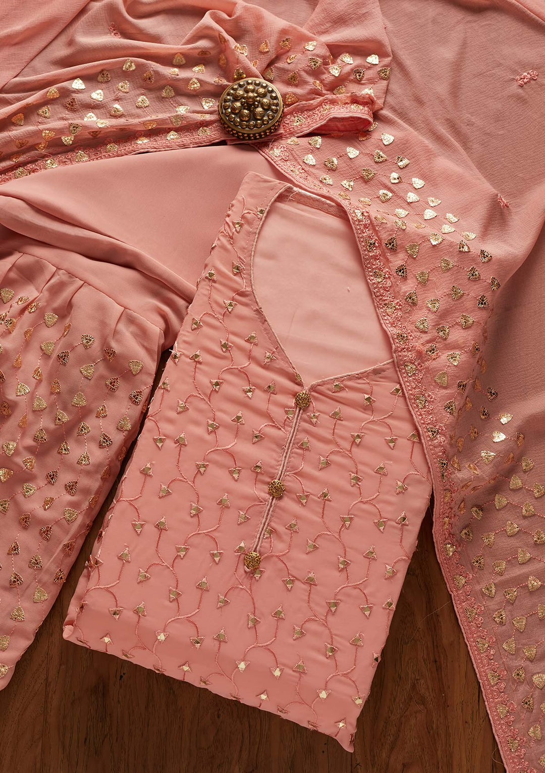 Peach Gotapatti Georgette Designer Unstitched Salwar Suit - koskii