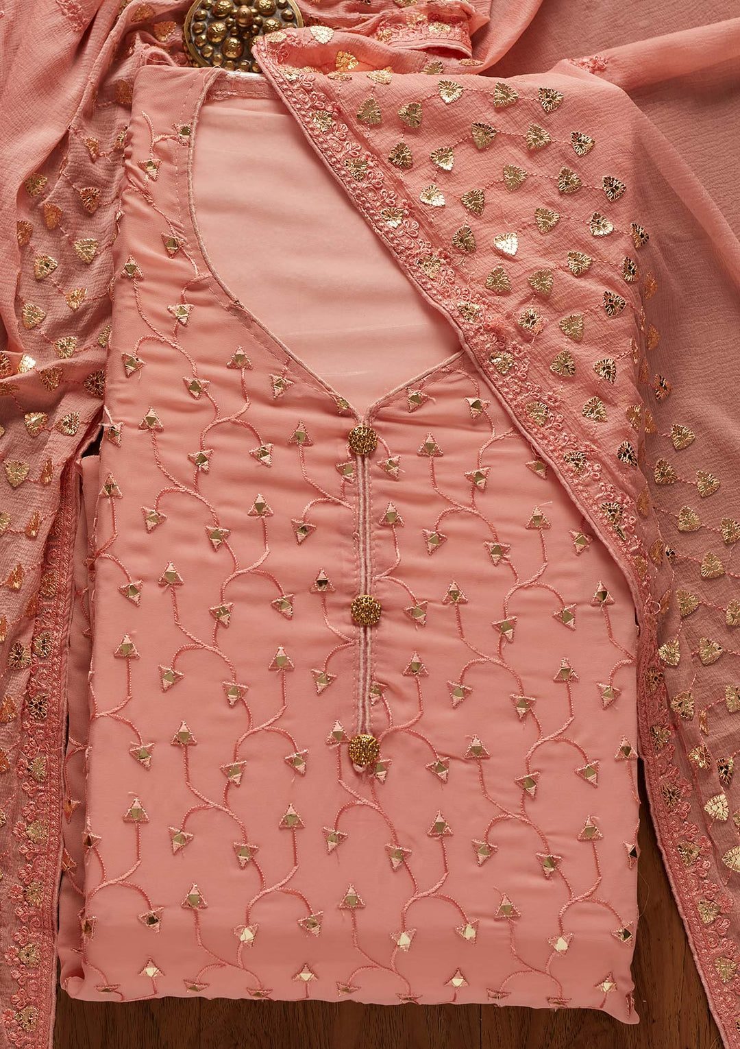 Peach Gotapatti Georgette Designer Unstitched Salwar Suit - koskii