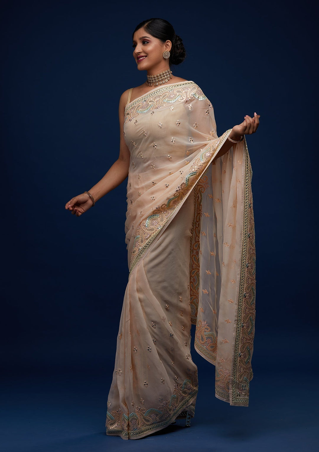 Peach Gotapatti Georgette Designer Saree - Koskii