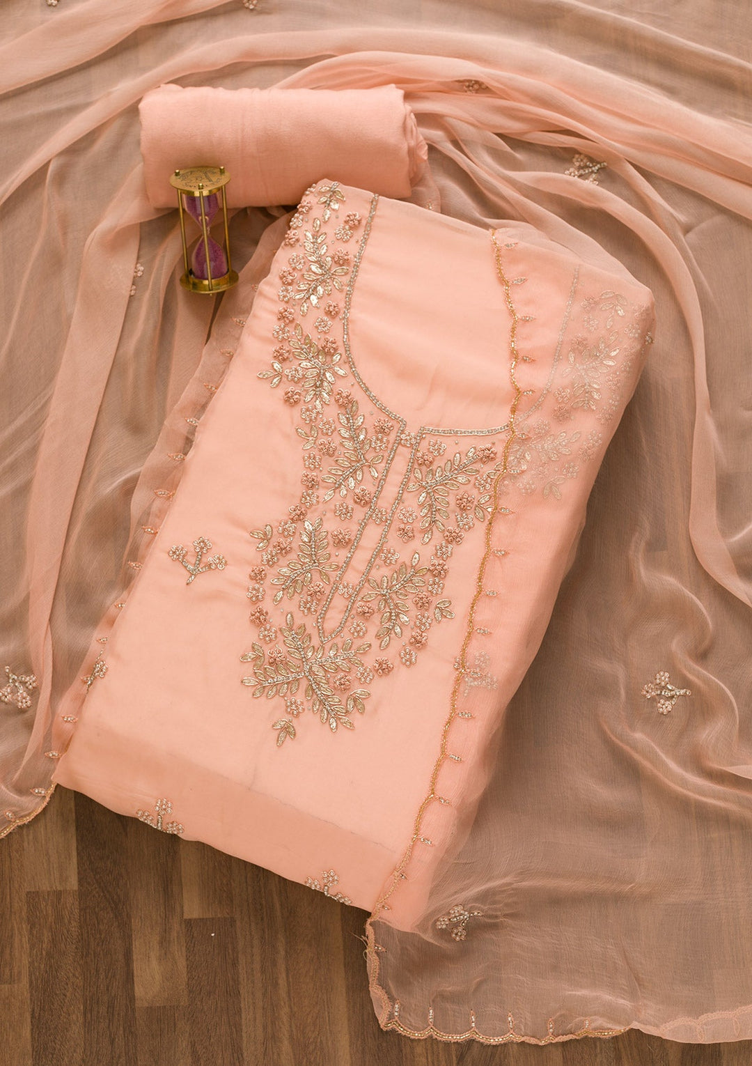 Peach Gotapatti Organza Unstitched Salwar Kameez-Koskii