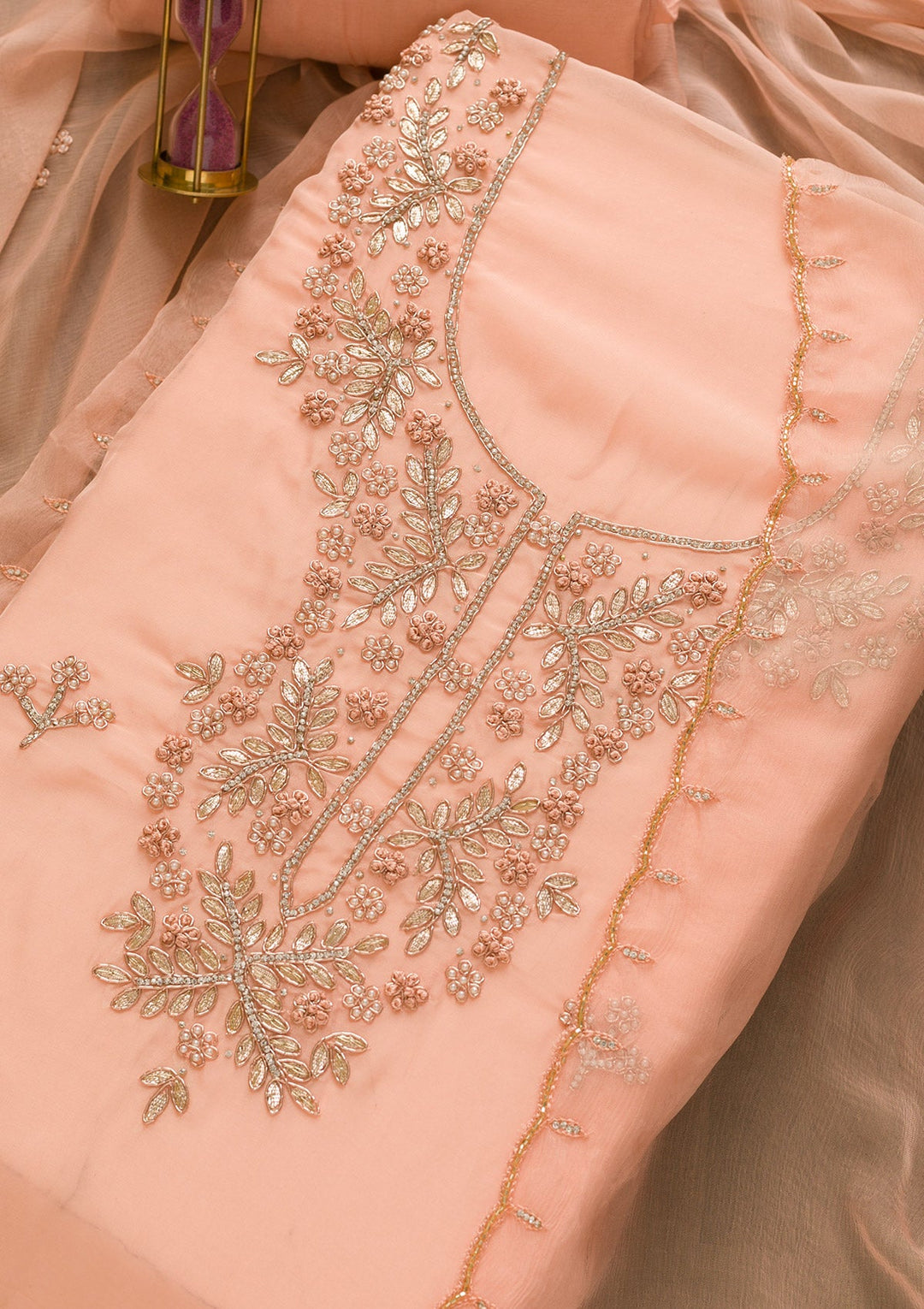 Peach Gotapatti Organza Unstitched Salwar Kameez-Koskii