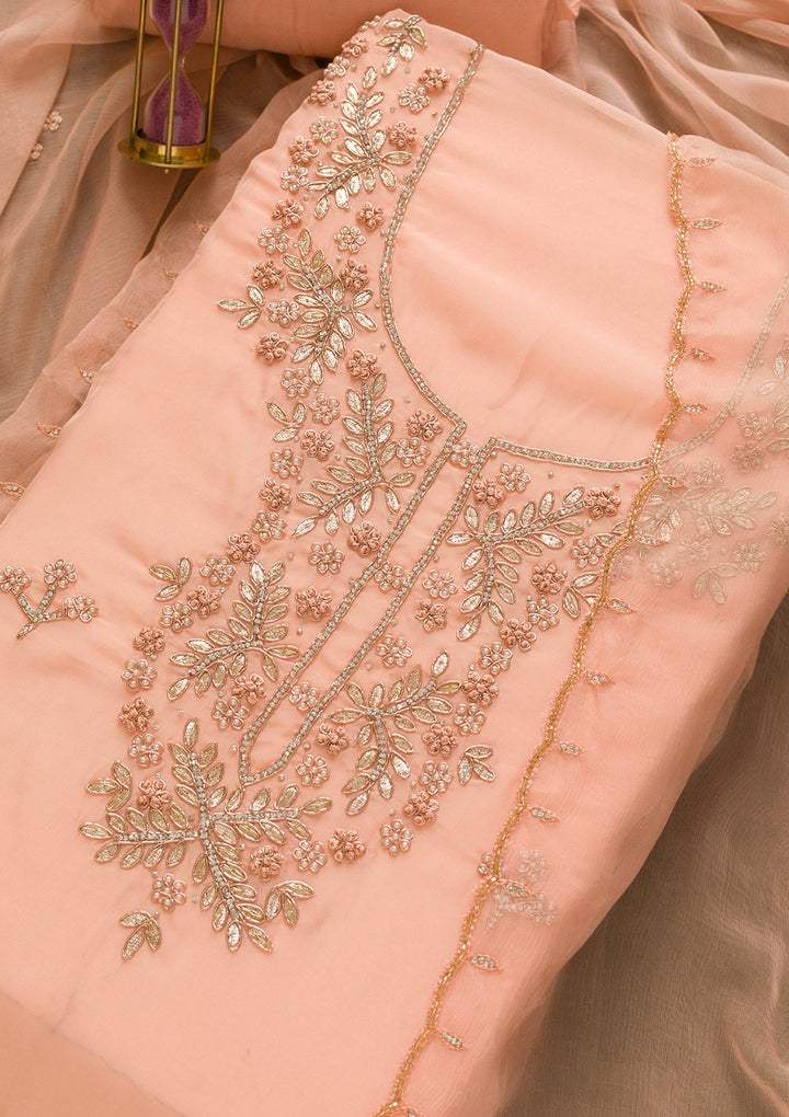 Peach Gotapatti Organza Unstitched Salwar Kameez-Koskii