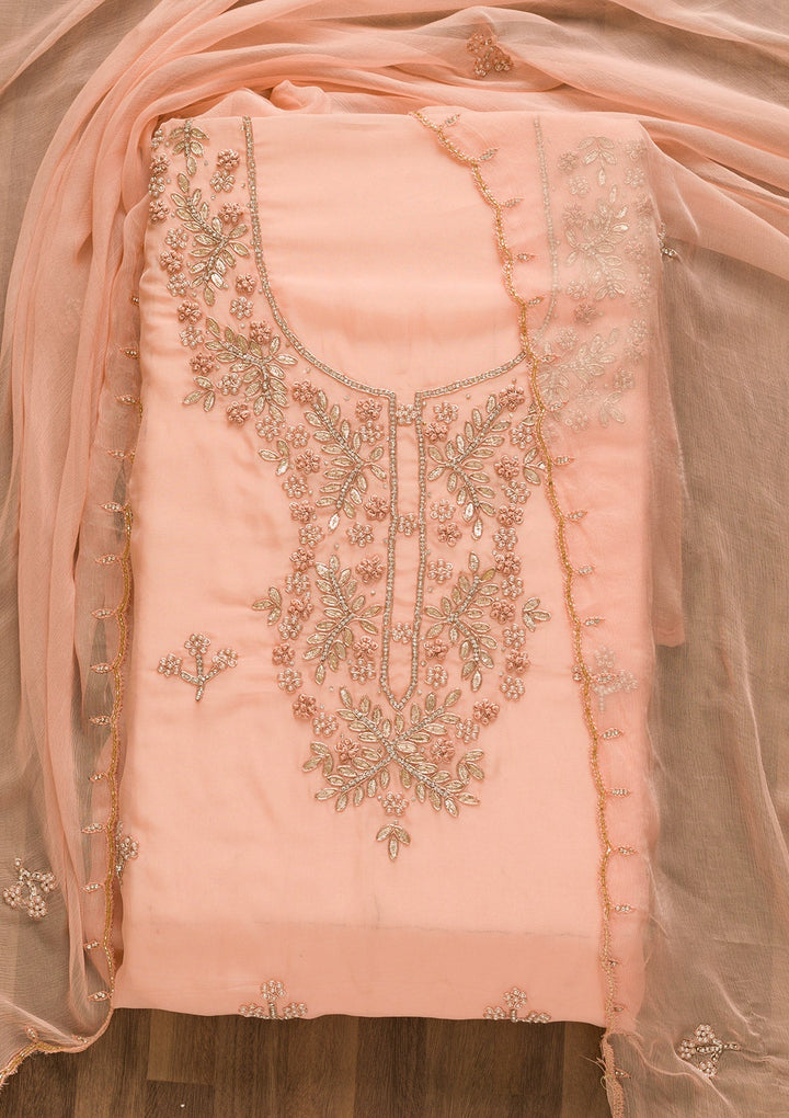 Peach Gotapatti Organza Unstitched Salwar Kameez-Koskii