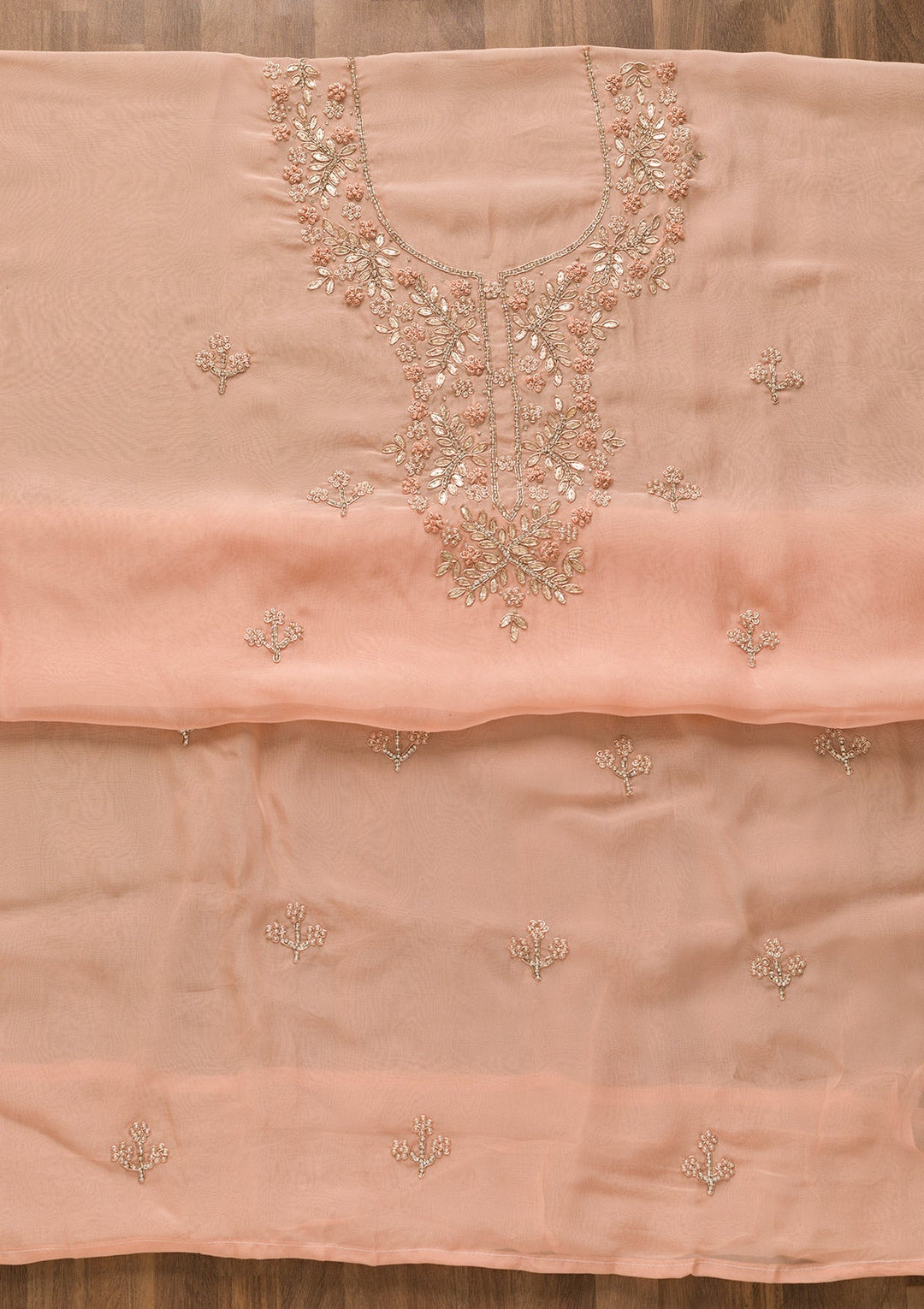 Peach Gotapatti Organza Unstitched Salwar Kameez-Koskii