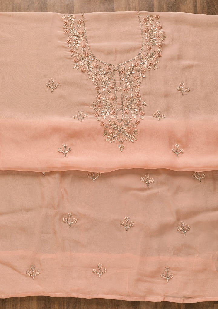 Peach Gotapatti Organza Unstitched Salwar Kameez-Koskii