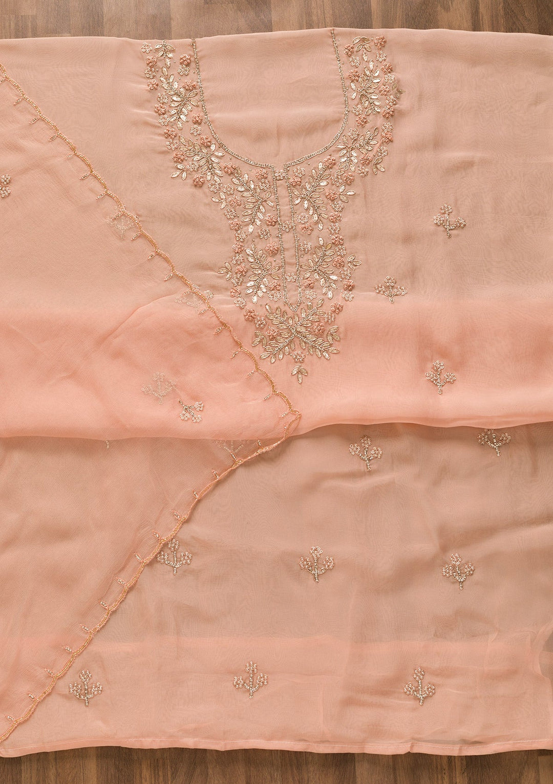 Peach Gotapatti Organza Unstitched Salwar Kameez-Koskii