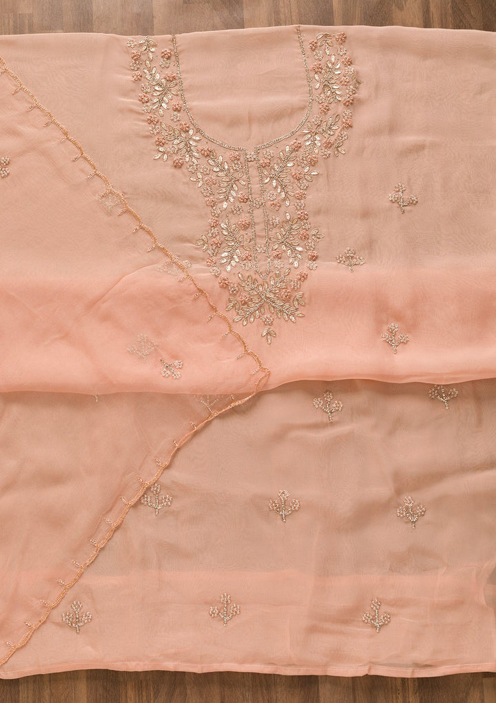 Peach Gotapatti Organza Unstitched Salwar Kameez-Koskii