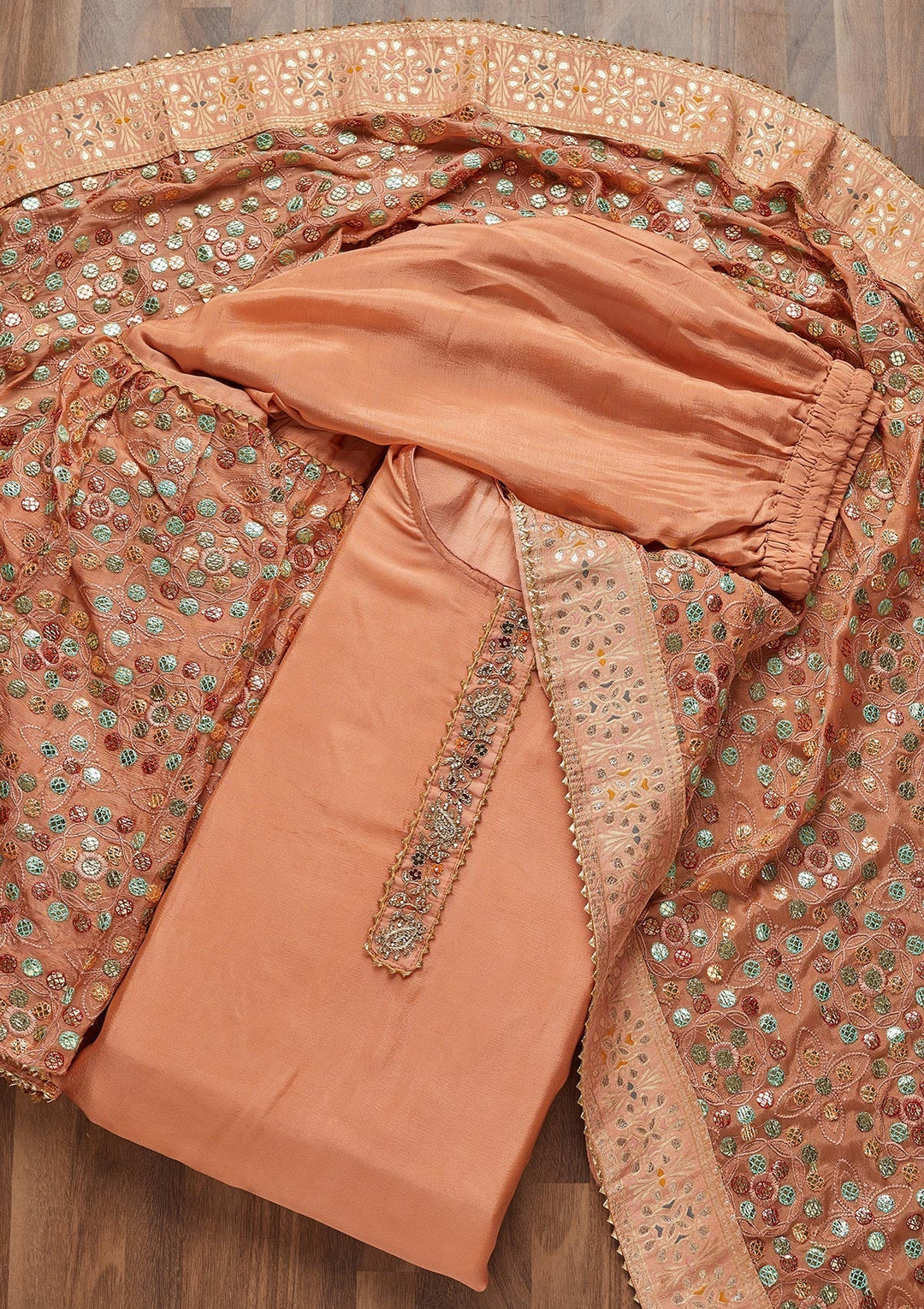 Peach Gotapatti Semi Crepe Unstitched Salwar Suit- Koskii