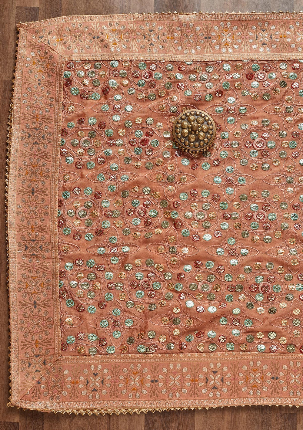 Peach Gotapatti Semi Crepe Unstitched Salwar Suit - Koskii