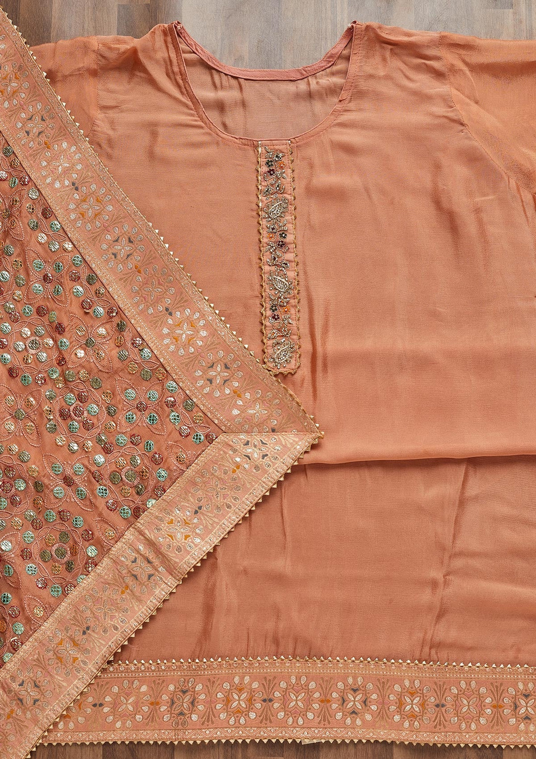 Peach Gotapatti Semi Crepe Unstitched Salwar Suit - Koskii