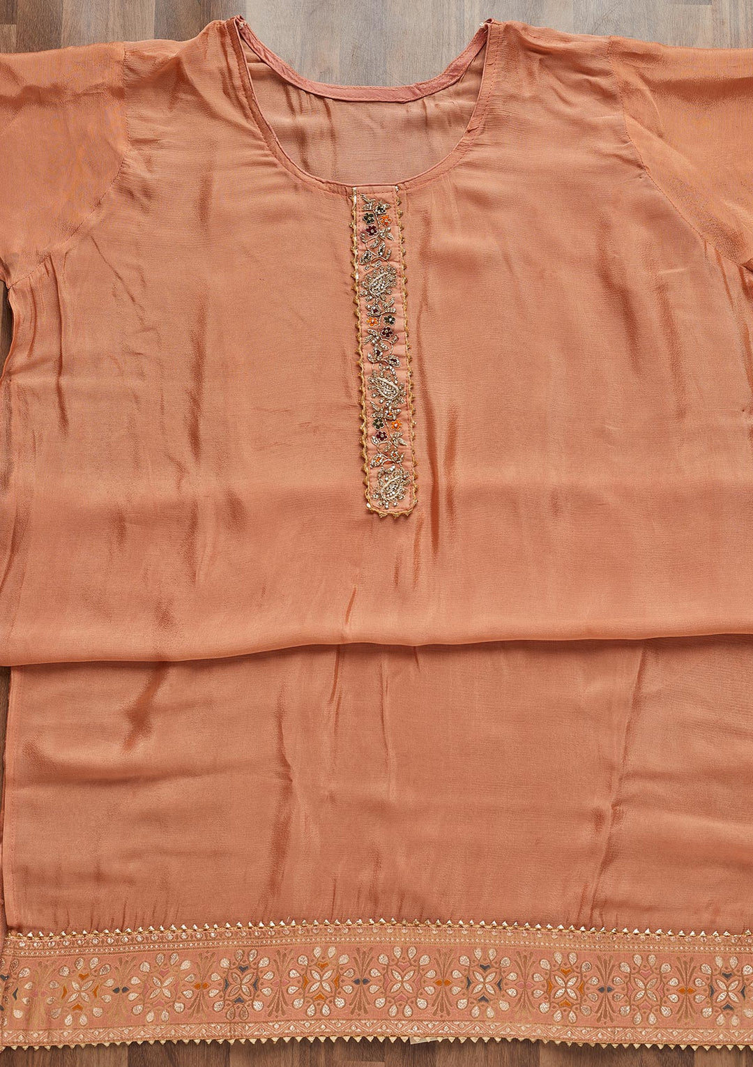 Peach Gotapatti Semi Crepe Unstitched Salwar Suit - Koskii
