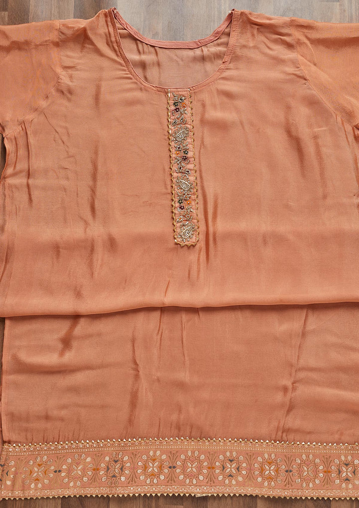 Peach Gotapatti Semi Crepe Unstitched Salwar Suit - Koskii