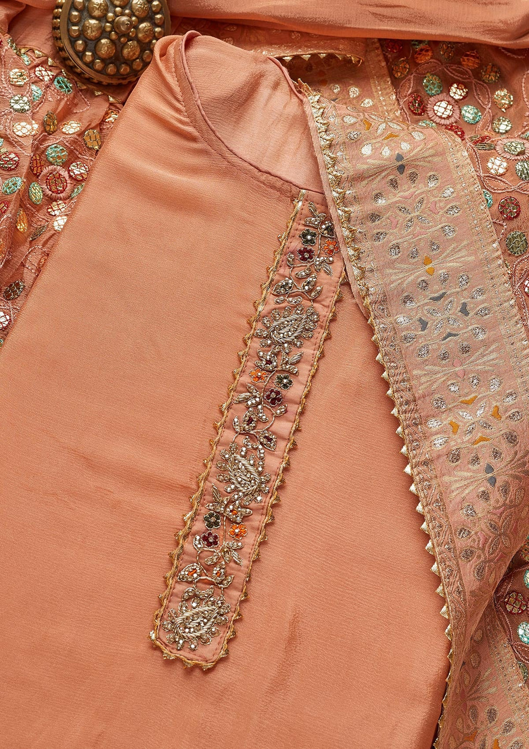Peach Gotapatti Semi Crepe Unstitched Salwar Suit - Koskii