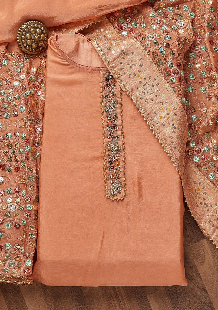 Peach Gotapatti Semi Crepe Unstitched Salwar Suit - Koskii