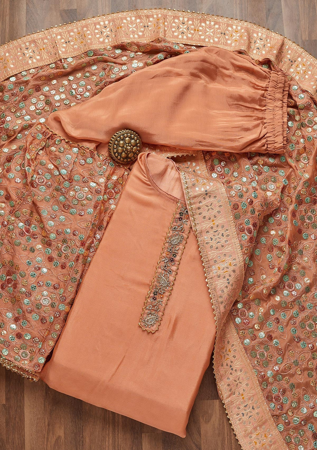 Peach Gotapatti Semi Crepe Unstitched Salwar Suit - Koskii
